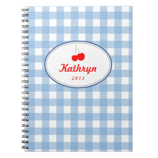 Blue country gingham pattern red cherry personal notebook