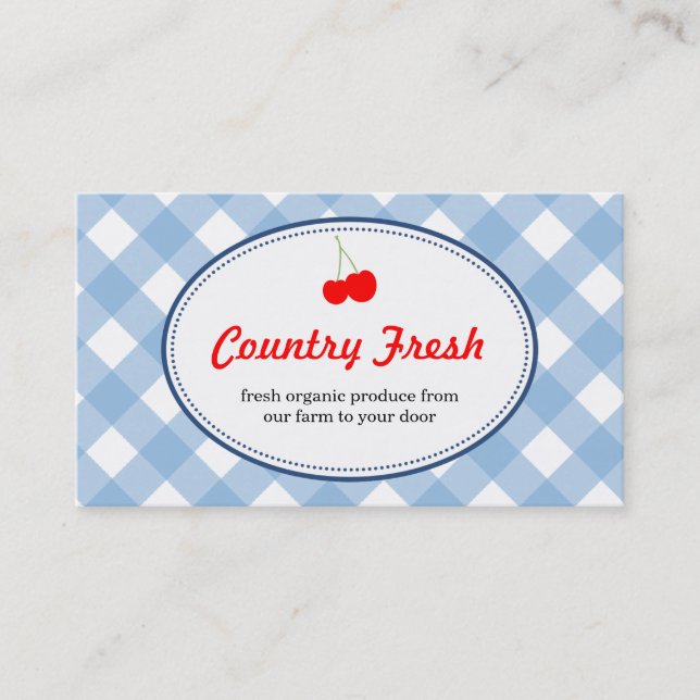Blue country gingham pattern red cherry produce business card (Front)