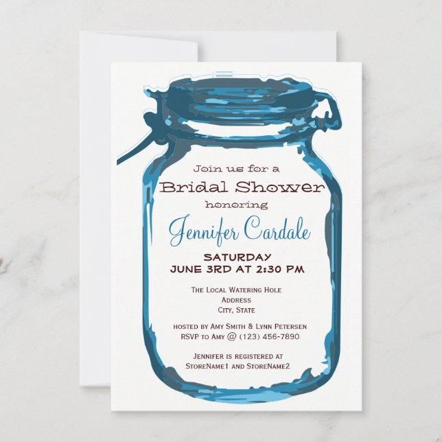 Blue Country Mason Jar Bridal Shower Invitations (Front)