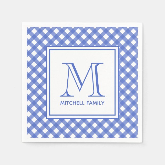 Blue Country Style Gingham Pattern Monogram Napkin (Front)