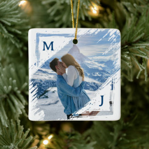 Blue Couple Photo Keepsake First Christmas Engaged Ceramic Ornament
