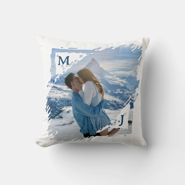 Blue Couple Photo Keepsake First Christmas Engaged Cushion (Front)