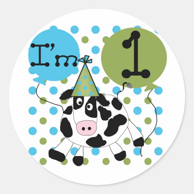 Blue Cow 1st Birthday Tshirts and Gifts Classic Round Sticker (Front)