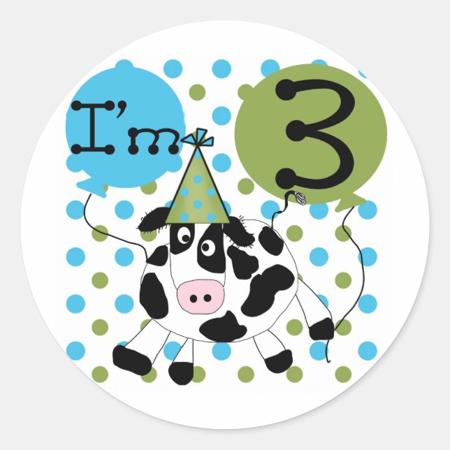 Blue Cow 3rd Birthday Tshirts and Gifts Classic Round Sticker (Front)