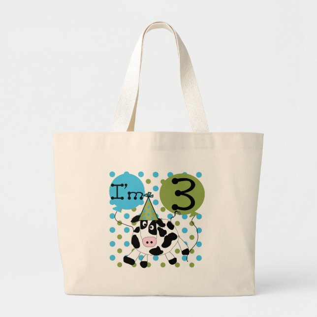 Blue Cow 3rd Birthday Tshirts and Gifts Large Tote Bag (Front)