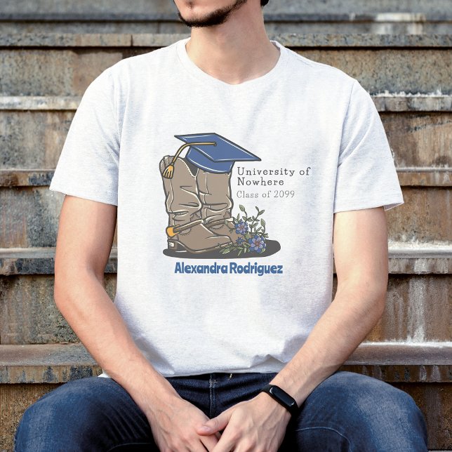 Blue Cowboy Boot Graduation Cap & Flowers T-Shirt (Creator Uploaded)