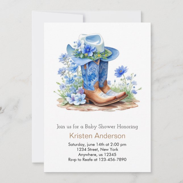 Blue Cowboy Boots and Hat Baby Shower Invitation (Front)