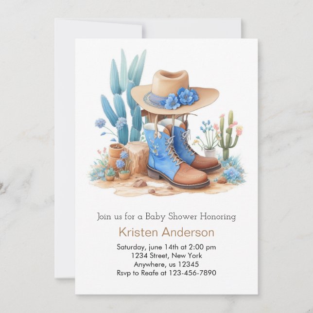 Blue Cowboy Boots Watercolor Baby Shower Invitation (Front)