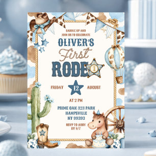 Blue Cowboy Boy First Rodeo Birthday Invitation