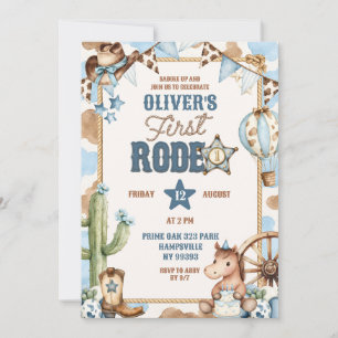 Blue Cowboy Boy First Rodeo Birthday Invitation