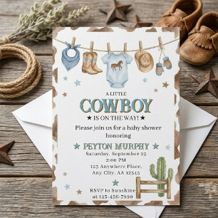 Blue Cowboy Clothesline Baby Boy Shower Invite