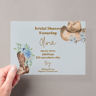 BLUE COWBOY FLORAL BRIDAL SHOWER  ACRYLIC INVITATIONS