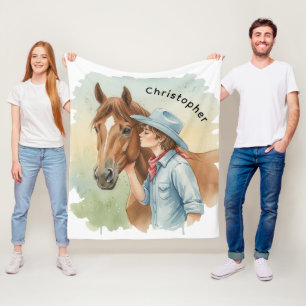 Blue Cowboy Kissing a Horse Birthday Party Gift Fleece Blanket