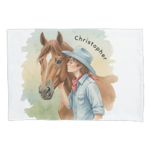 Blue Cowboy Kissing a Horse Birthday Party Gift Pillowcase