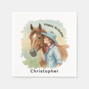 Blue Cowboy Kissing a Horse Birthday Party Napkin