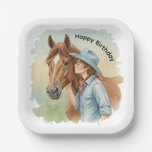 Blue Cowboy Kissing a Horse Birthday Party Paper Plate