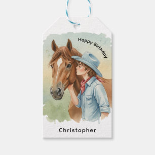 Blue Cowboy Kissing a Horse Birthday Thanks Gift Tags
