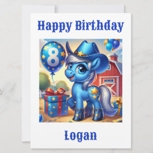 Blue Cowboy Pony 8-Year-Old Birthday Card