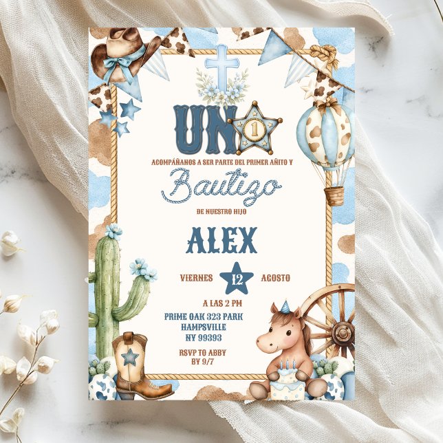Blue Cowboy Spanish Uno Baptism & First Rodeo Invitation (Creator Uploaded)