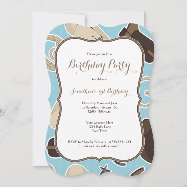 Blue Cowboy Theme Birthday Party Invitation (Front)