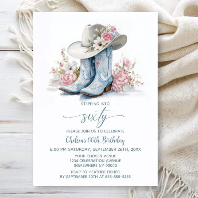 Blue Cowgirl Boots and Hat 60th Birthday Party Invitation (Creator Uploaded)