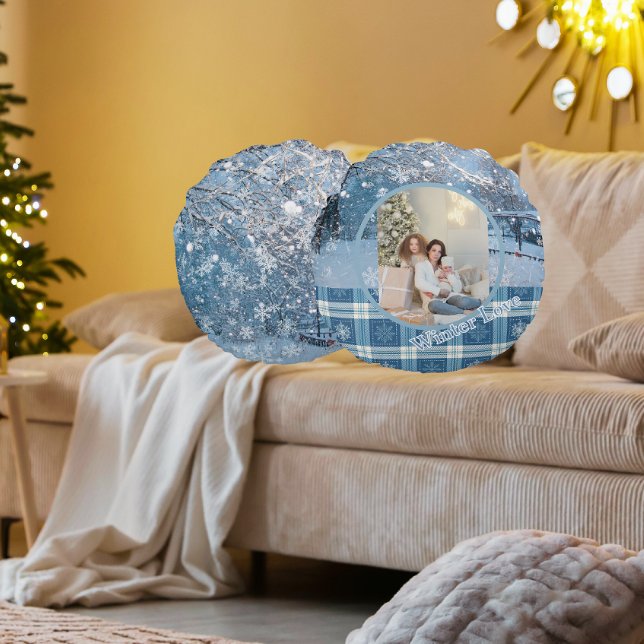 Blue Cozy Plaid Snowy Winter Photo Christmas  Round Cushion (Pillows may appear larger to show details)