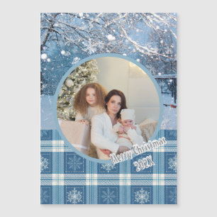 Blue Cozy Plaid Winter Christmas Magnetic Card