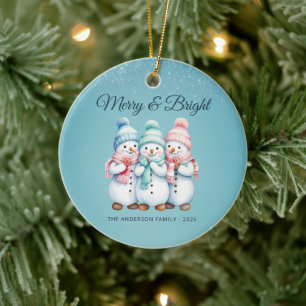 Blue Cozy Snowmen Merry Christmas Family Ornament