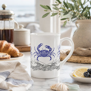 Blue Crab and Ocean Waves Simple Line Art Bone China Mug