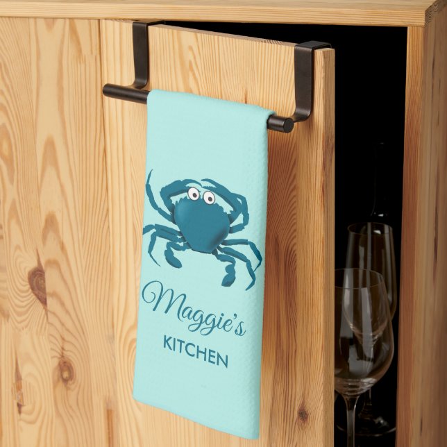 Blue Crab Beach Aqua Kitchen Towel (Thirds Fold)