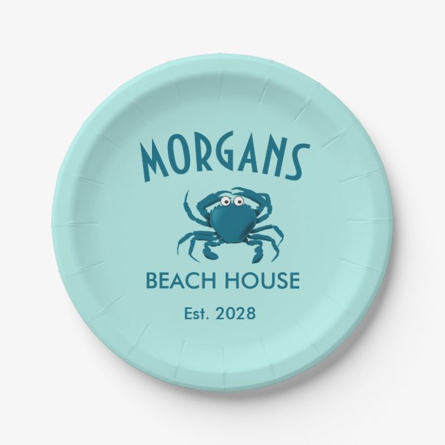 Blue Crab Beach House Personalised Paper Plates (Front)