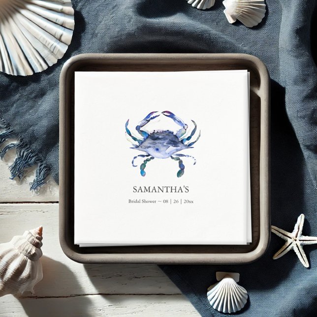 Blue Crab Beach Personalised Bridal Shower Napkin (Bridal shower napkins watercolor blue crab art by Victoria Grigaliunas Do Tell A Belle)