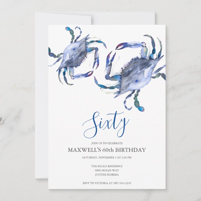 Blue Crab Boil 60th Birthday Invitation | QR code (Front)