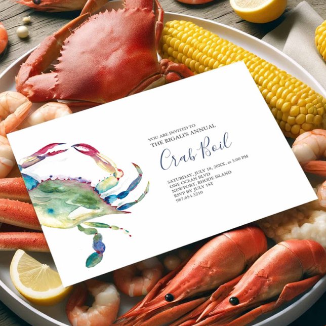 Blue Crab Boil Summer Party Invitation (Seafood boil invitations features a watercolor blue crab art by Victoria Grigaliunas Do Tell A Belle)