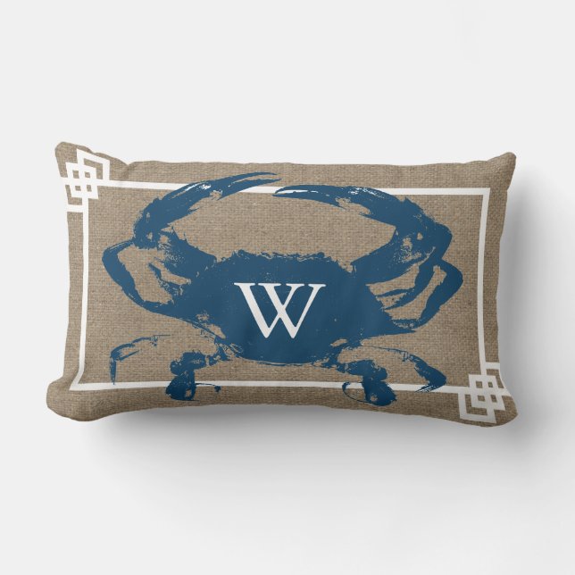 Blue Crab Burlap Monogram Lumbar Cushion (Front)