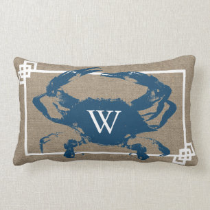 Blue Crab Burlap Monogram Lumbar Cushion