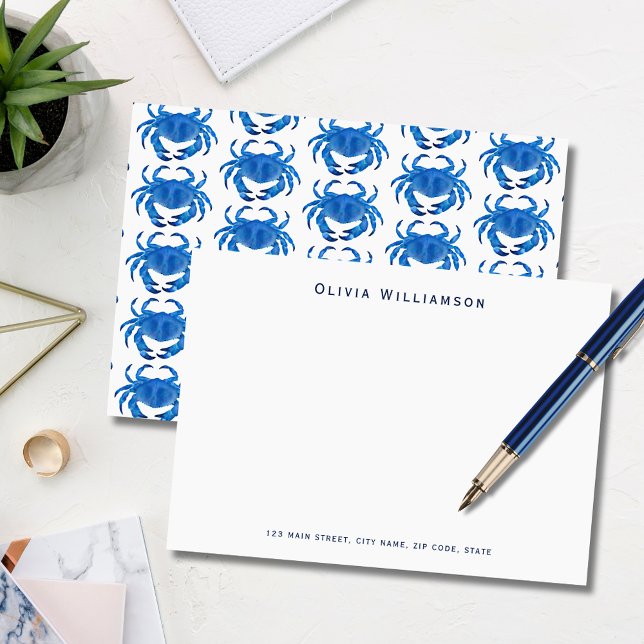 Blue Crab Coastal Beach Card (Blue coastal crab, crustacean illustrated notecard. Personalize with your name & address details.)