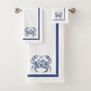 Blue Crab Coastal Nautical Monogram Bath Towel Set