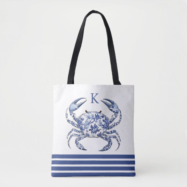 Blue Crab Coastal Nautical Monogram Tote Bag (Front)
