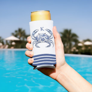Blue Crab Coastal Nautical Monogram Tote Bag Seltzer Can Cooler