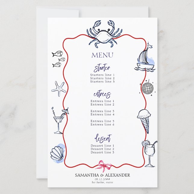 Blue Crab Doodle Beach Coastal Wedding Menu (Front)