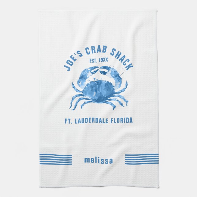 Blue Crab Hand Watercolors Illustration Tea Towel (Vertical)