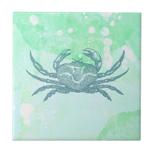 Blue Crab in Watercolor Green ceramic tile (Front)