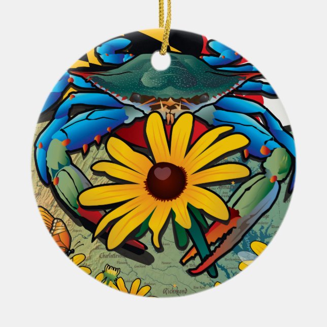 Blue Crab Maryland Black-eyed Susan Ceramic Tree Decoration (Front)