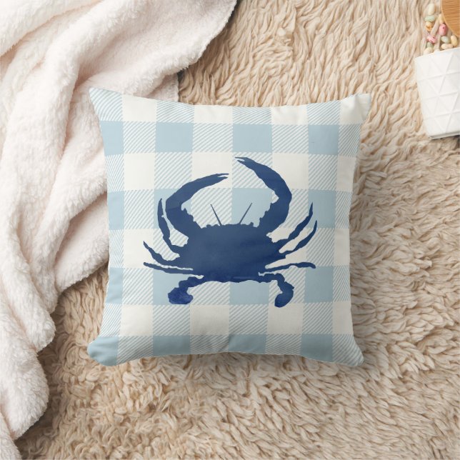 Blue Crab Nautical Blue Gingham Check Cushion (Blanket)