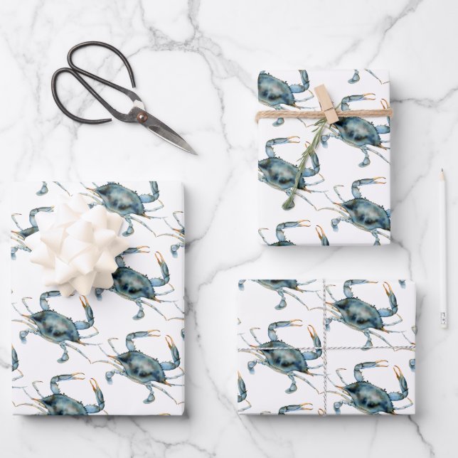 Blue Crab Nautical Delights Pattern Wrapping Paper Sheet (Front)