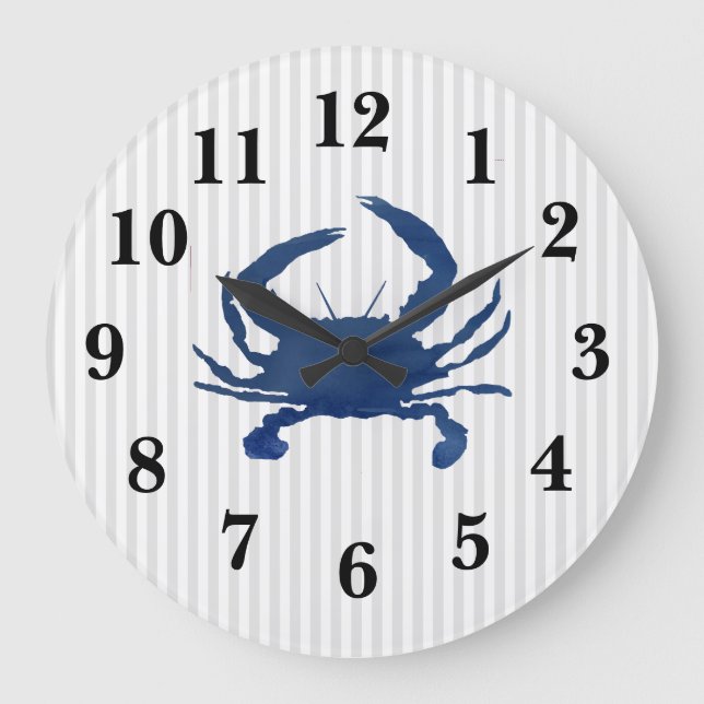 Blue Crab Nautical Stripe Large Clock (Front)