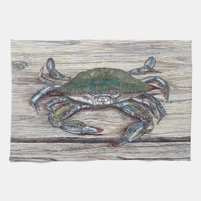 Blue Crab on Dock Kitchen Towel (Horizontal)