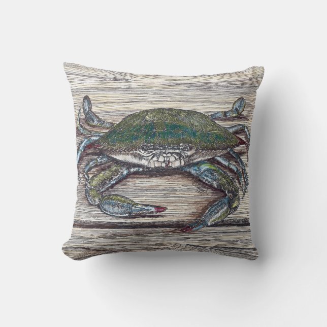 Blue Crab on Dock Throw Pillow (Front)
