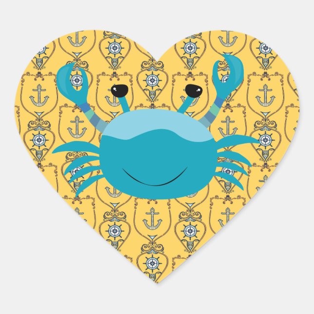 Blue Crab on Nautical Anchor Heart Sticker (Front)